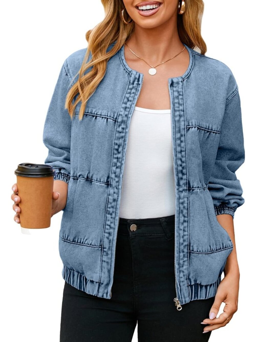 Womens Denim Blue Crew Neck Long Sleeve Zip Up Loose Fit Fall Bomber Jean Jacket